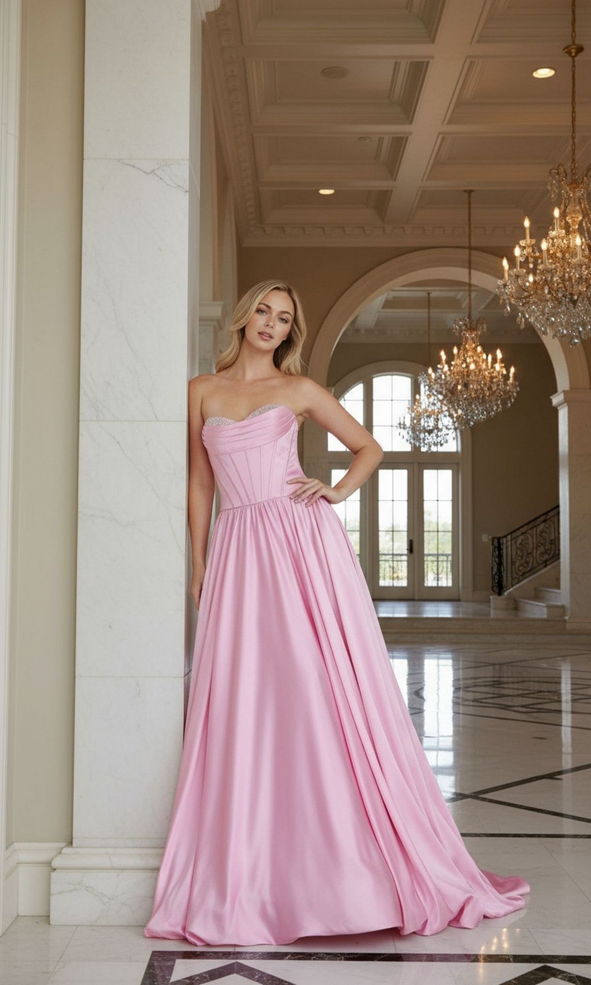 A woman in a pink Poly USA 25136 long prom dress with a corset bodice stands in an elegant hall, illuminated by chandeliers and featuring marble floors and large windows.